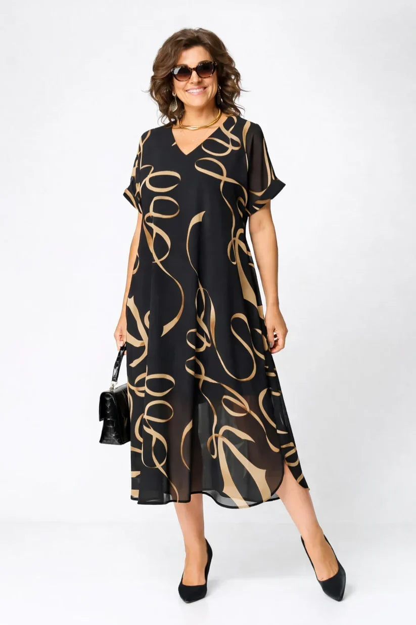 VUI Paris | Robe Midi Fluide À Motifs Dorés Amélie
