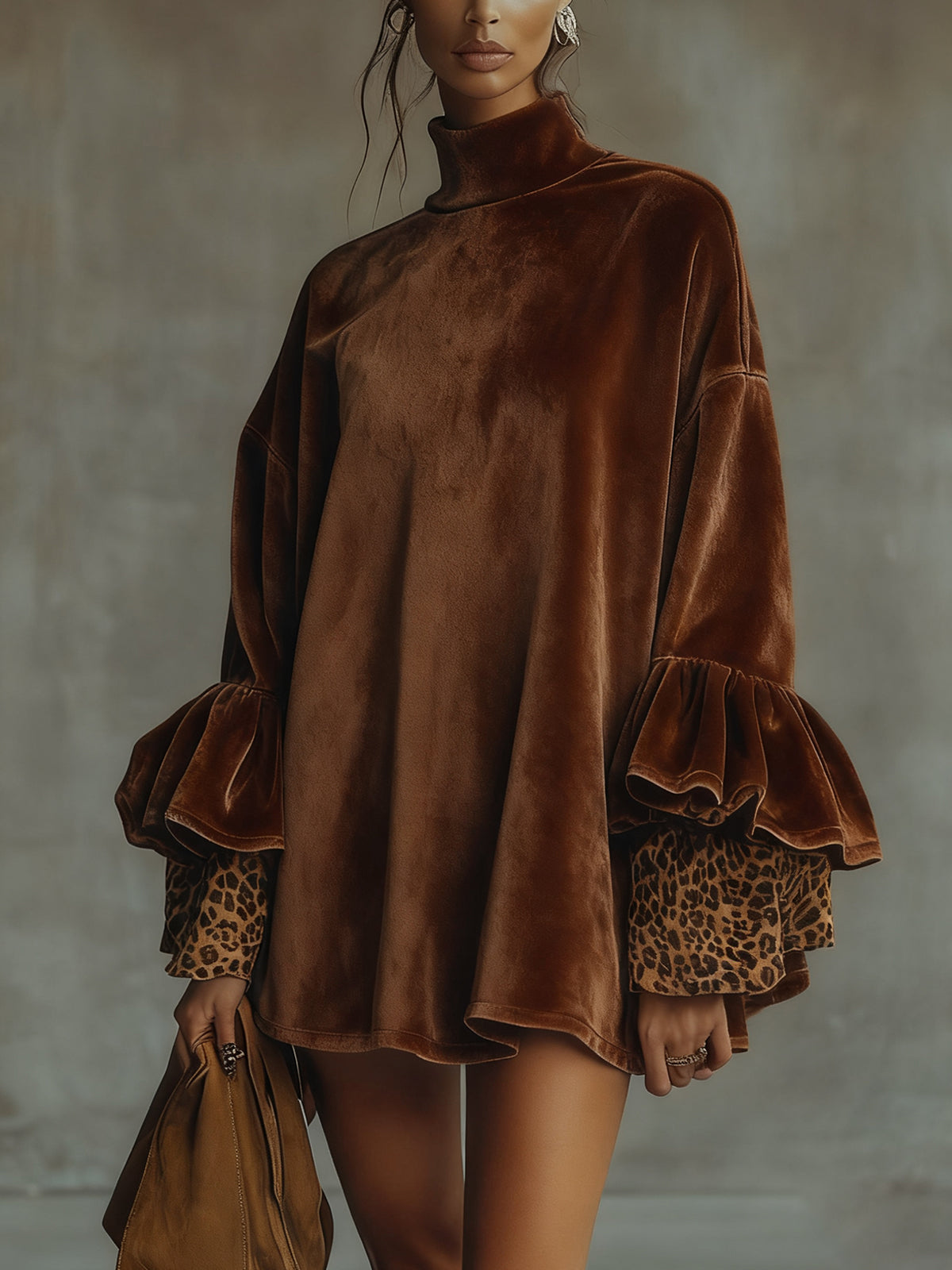 VUI Paris | ROBE TRAPÈZE EN VELOURS À MANCHES LÉOPARD