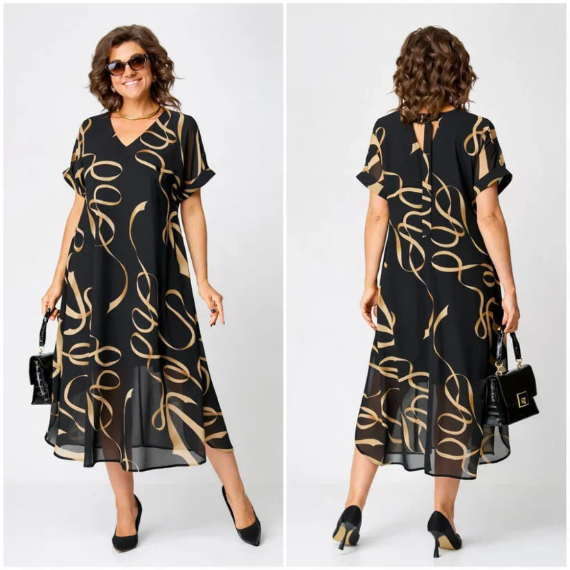 VUI Paris | Robe Midi Fluide À Motifs Dorés Amélie