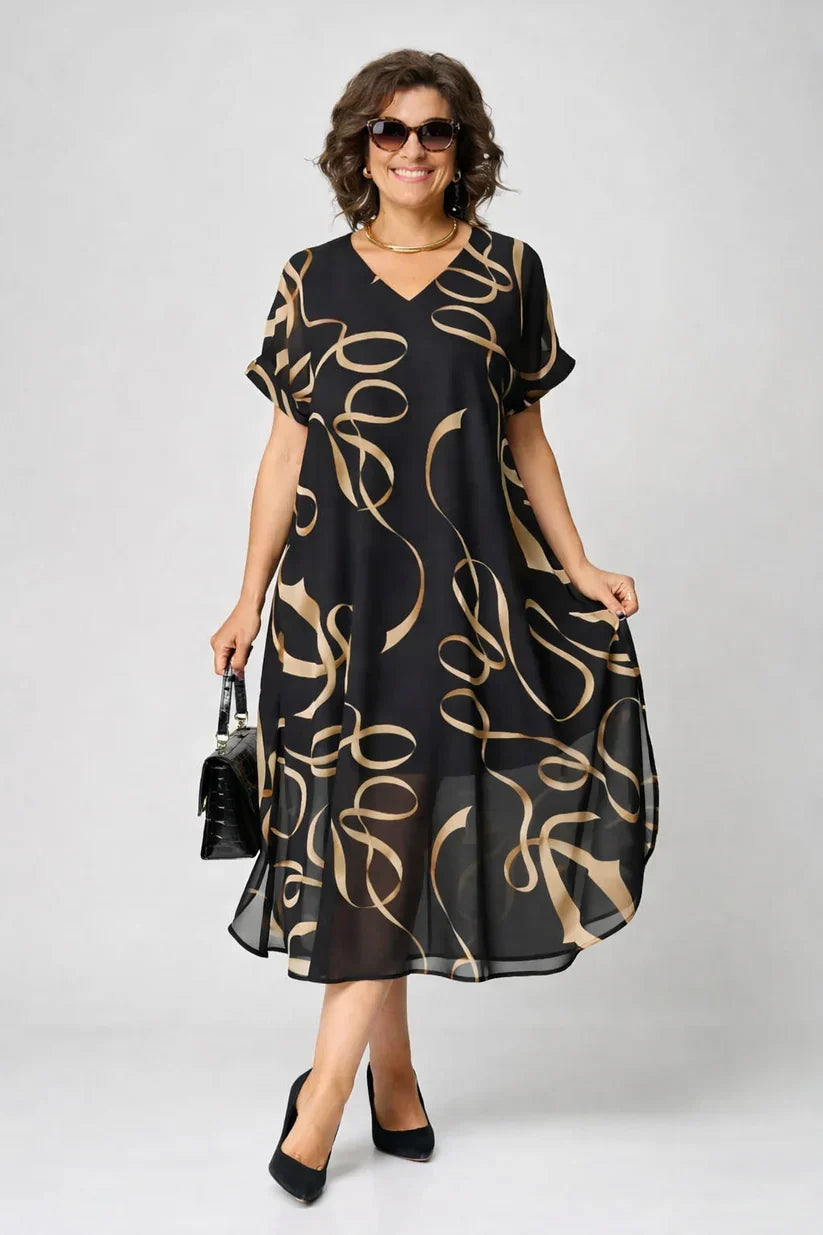 VUI Paris | Robe Midi Fluide À Motifs Dorés Amélie
