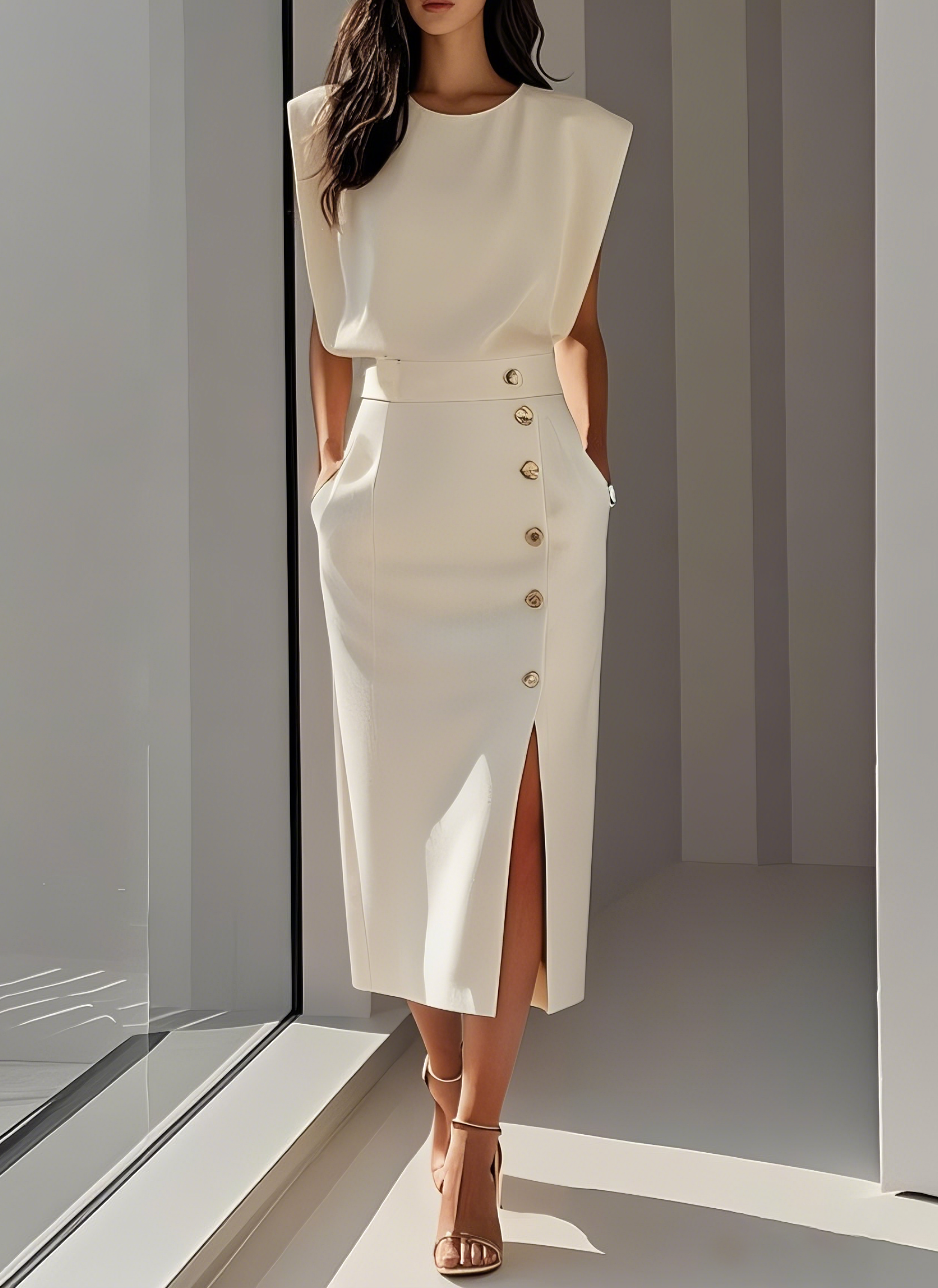 VUI Paris | ROBE MIDI AJUSTÉE AVEC BOUTONS DORÉS