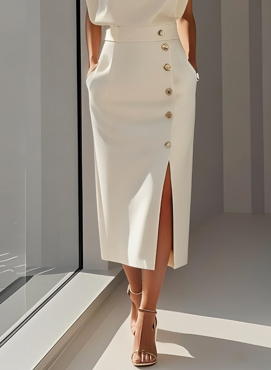VUI Paris | ROBE MIDI AJUSTÉE AVEC BOUTONS DORÉS